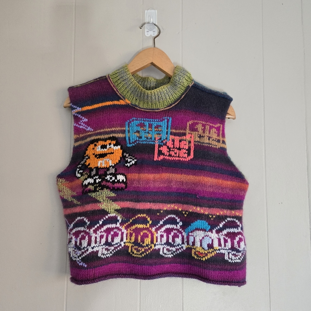 Handknit Sweater Vest M&M Donald Duck Quirky Artisinal Whimsical Artsy Fun M L